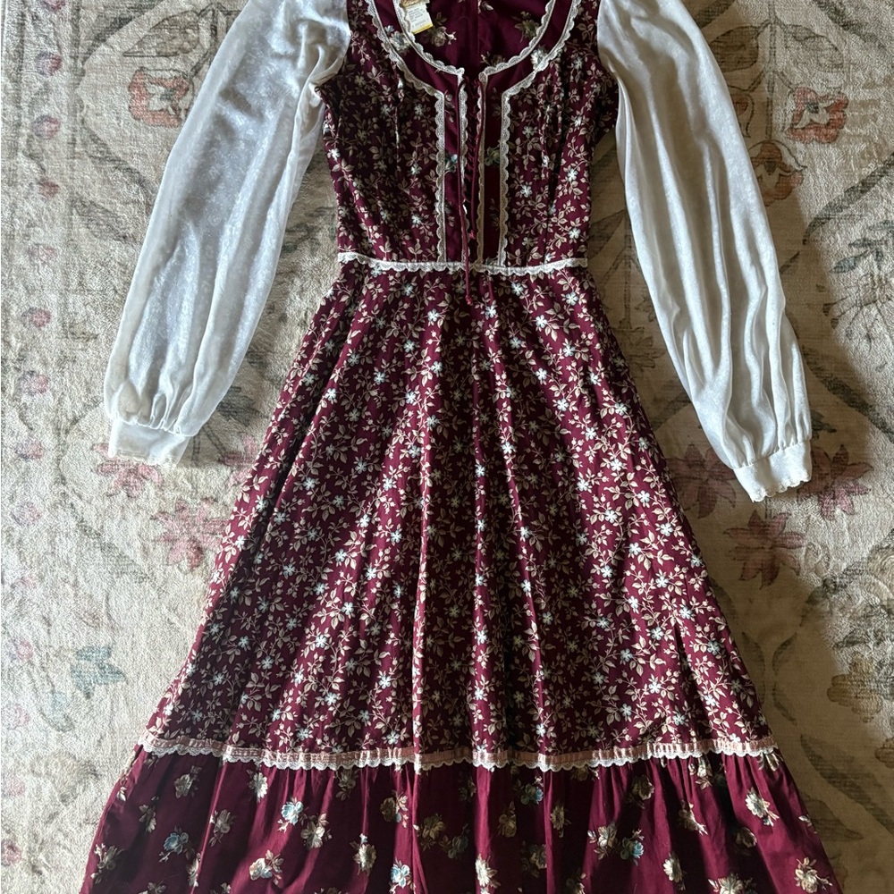 Gunne Sax Burgundy Floral Long Sleeve Dress